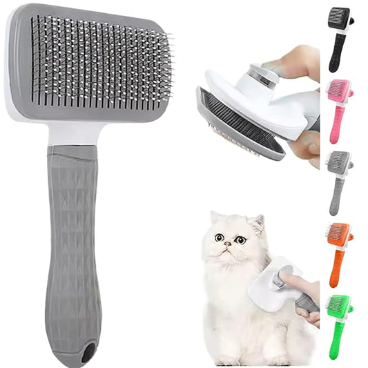 Pet Grooming Brush, Gray - Self Cleaning Dematting Comb for Cats and Dogs, Bristles with Massage Particles, Ergonomic Handle Design, Easy to Use, for Long or Short Hair Breeds, Stainless Steel