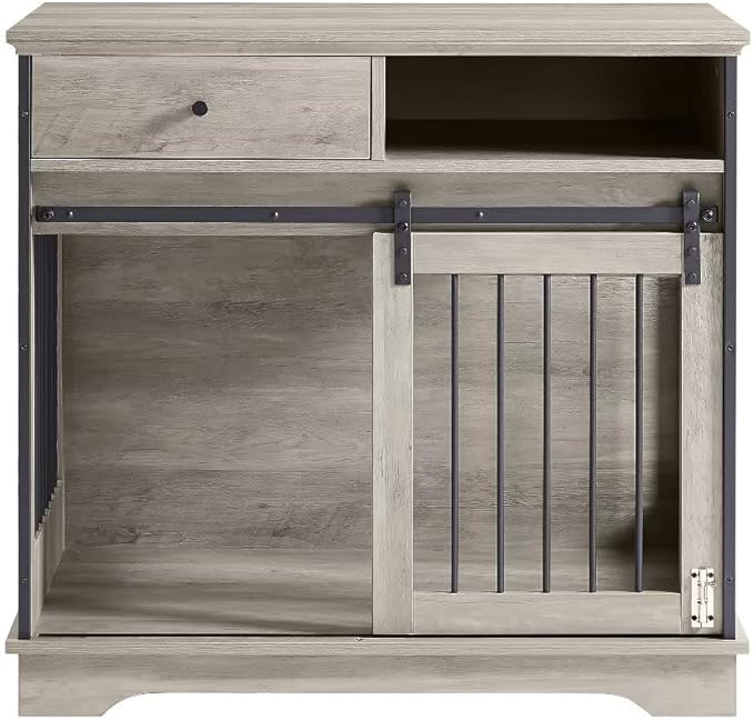 Dog Crate Furniture Wooden Dog Crate Table with Drawers Furniture Style Dog Cage with Side Door for Medium and Large Dogs,Grey,35.43" x 23.62" x 33.46"