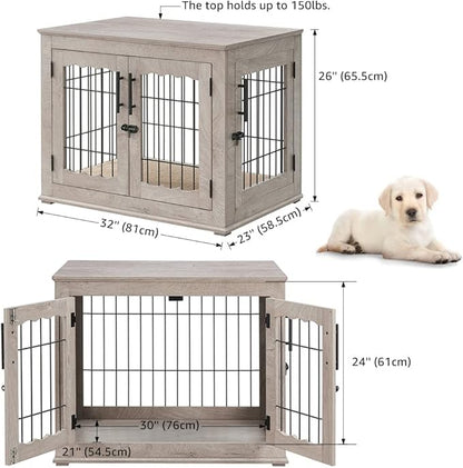 beeNbkks Furniture Style Dog Crate End Table, Double Doors Wooden Wire Dog Kennel with Pet Bed, Decorative Pet Crate Dog House Indoor Medium Large
