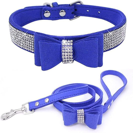 Rhinestone Bowtie Small Dog Collar and Leash Set, Diamond Puppy Collars Bow Crystal Bling Jeweled Glitter Girl Female Adjustable for XXSmall X-Small Small Medium Large Dogs (Dark Blue-1,Small)