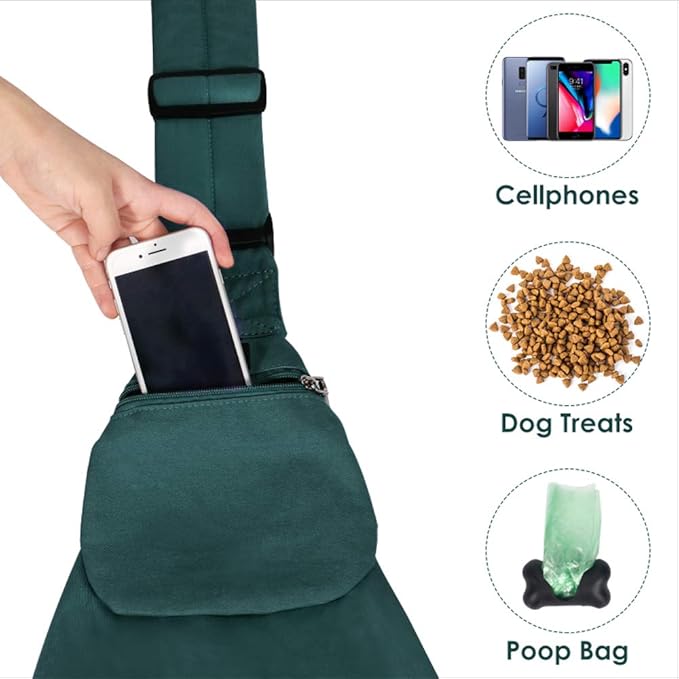 Dog Padded Papoose Sling, Small Pet Sling Carrier Hands Free Carry Adjustable Shoulder Strap Reversible Tote Bag with a Pocket Safety Belt Dog Cat Traveling Subway (5-12lbs, Green)