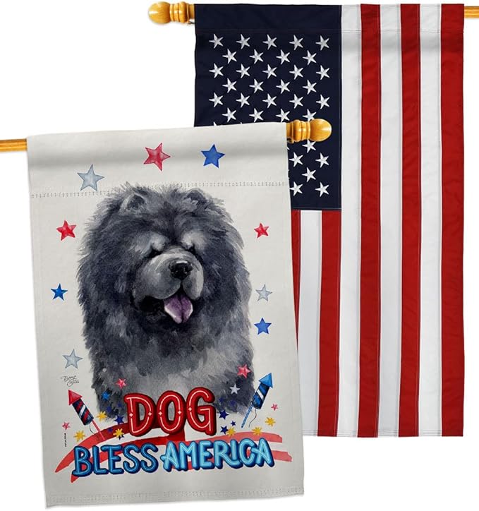 Breeze Decor Patriotic Black Chow House Flag Pack Dog Puppy Spoiled Paw Canine Fur Pet Nature Farm Animal Creature Embroidery Banner Small Garden Yard Gift Double-Sided, Made in USA