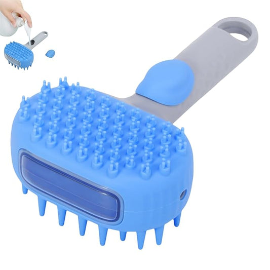 QMEAKMONY Dog Bath Brush Shampoo Brush Scrubber for Bath with Soap Dispenser Soft Bristles Deep Cleaning Ergonomic Handle for Grooming Shedding and Long Short Haired Dogs (Blue)