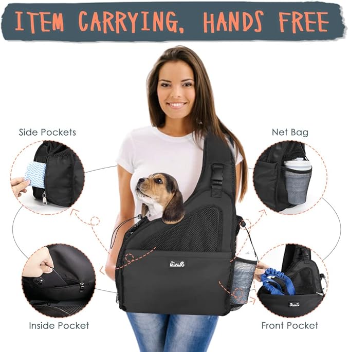Lukovee Dog Slings for Small Dogs, Hard Bottom Support & Adjustable Soft Padded Shoudler Strap Dog Sling Carrier, Dog Purse with Button Closure & Zipper Pockets (for Pets 6-12 lbs, Black)