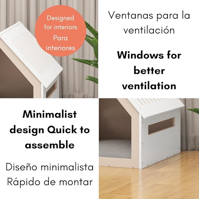 Medium House for Pets, Wooden House for Pets for Interiors, Resistant Wood with Cushion for Dog Included, Minimalist, Elegant and Resistant, 18x18x18 in, Matte White