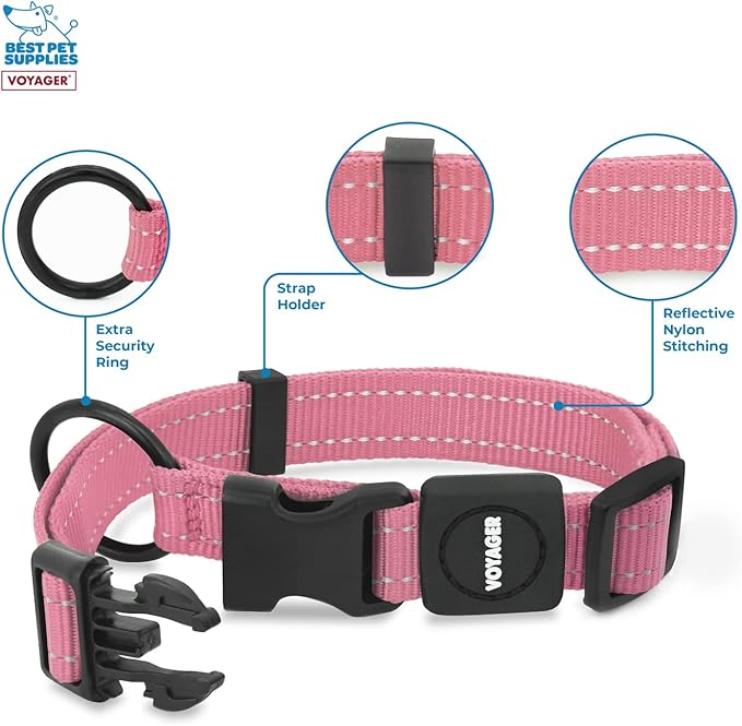 Best Pet Supplies Reflective Dog Collar with Adjustable Length, Heavy-Duty Buckle, and Strong Leash D-Ring, Training, Walking, Jogging Accessory for Small, Medium, and Large Breeds - Pink, L