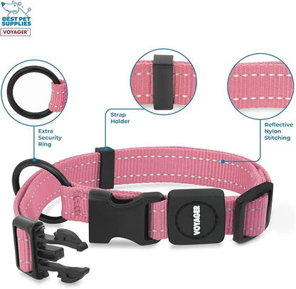 Best Pet Supplies Reflective Dog Collar with Adjustable Length, Heavy-Duty Buckle, and Strong Leash D-Ring, Training, Walking, Jogging Accessory for Small, Medium, and Large Breeds - Pink, L