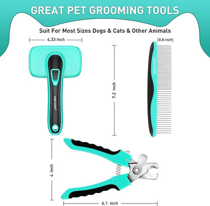 Dogs Self-Cleaning Slicker Brush for Shedding Long & Short Haired Cats, Safe Painless Bristles Removes Loose Undercoat, Tangled For All Size Pet, Grooming Set. Free Pet Comb + Nail Clippers