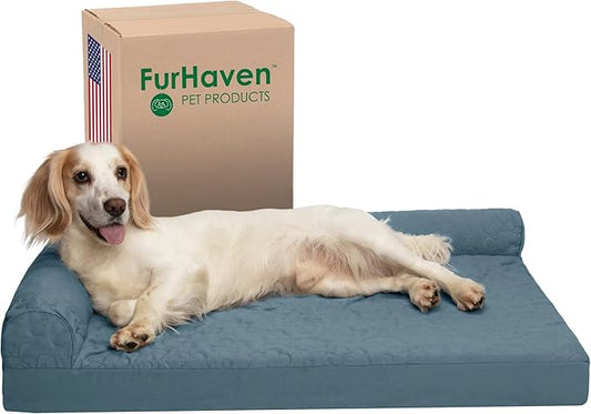 Furhaven Memory Foam Dog Bed for Large/Medium Dogs w/ Removable Bolsters & Washable Cover, For Dogs Up to 55 lbs - Pinsonic Quilted Paw L Shaped Chaise - Bluestone, Large