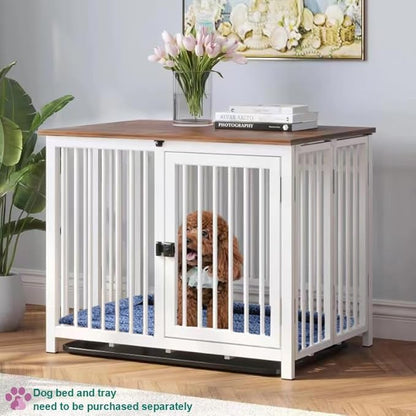 Heavy Duty Dog Crate Furniture, Fully Assembled exc. Locks, All Metal Frame & Wooden Tabletop, Modern Kennel for Small Dog, End Table, Sturdy, Foldable, White/Rustic Brown