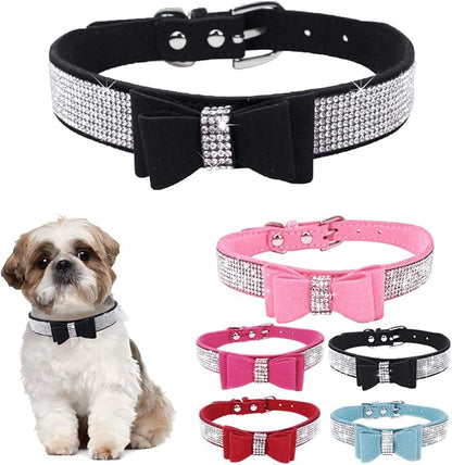 Bling XS Dog Collar with Bowtie, Rhinestone Dog Collar Crystal Jeweled Pretty Girl Bows Cat Collars Sparkling Glitter for XXS XS Small Dogs,Black,XS