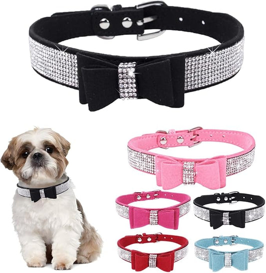 Bling XS Dog Collar with Bowtie, Rhinestone Dog Collar Crystal Jeweled Pretty Girl Bows Cat Collars Sparkling Glitter for XXS XS Small Dogs,Black,XS
