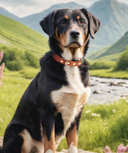 Premium Genuine Leather Dog Collar - Durable 4.5mm Thick, Color-Blocking Design with Rose Gold Hardware, Available in 4 Sizes for Small, Medium and Large Dogs, Green 16.5-20 in