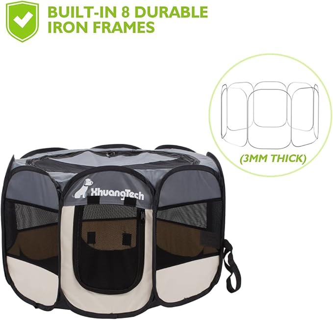Foldable Pet Dog Playpen, Pop Up Portable Cat Playpen, Indoor/Outdoor for Kitten Puppy Play Pen, Cats Crate Tent with Carrying Bag, 600D Oxford (Grey + Beige, Medium (31.5"x31.5"x23"), 8)