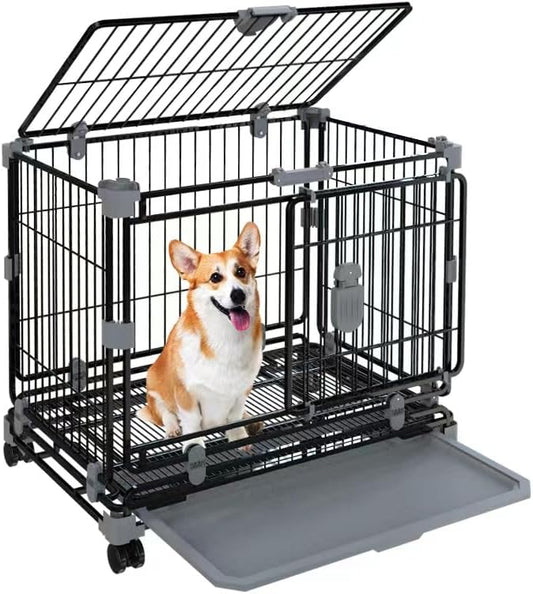 24" Dog Crate for Small Dogs, Double Door Dog Kennel with Removable Trays & Lockable Wheels, Escape Proof Metal Pet Cage, Stackable Indestructible Puppy Crate Indoor