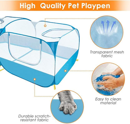 SlowTon Small Animals Playpen, Portable Large Chicken Run Coop with Breathable Transparent Mesh Walls Foldable Pet Cage Tent with 4 Zipper Doors for Puppy Rabbits Outdoor Yard (No Bottom)
