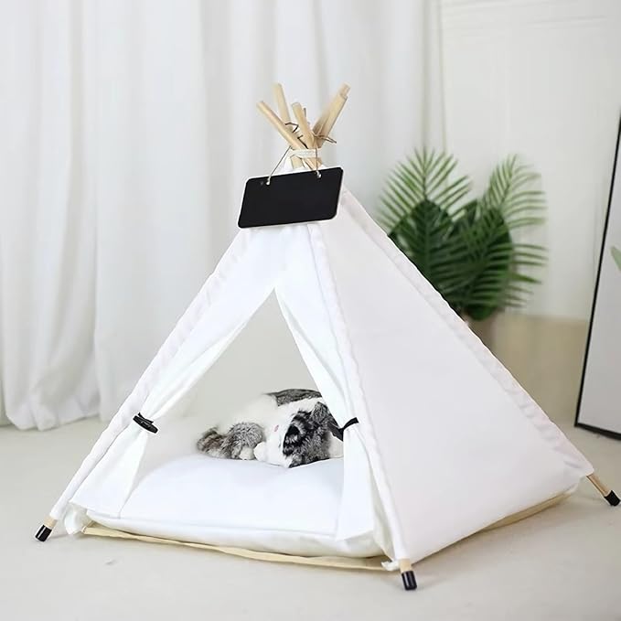 Dog & Cat Teepee Tent Bed - Portable Indoor/Outdoor Pet Tent with Cozy Cushion, Removable & Washable, White, M
