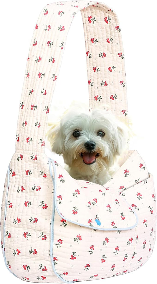 Flower Pet Sling Carrier for Small Dogs and Cats, Breathable Cotton Cats Carrier Purse，Floral Print Puppy Carrier Bag 3-10 Lbs, Hand Free Travel Chest Dog Purse, Gifts for Dog Mom Girls（White, Small