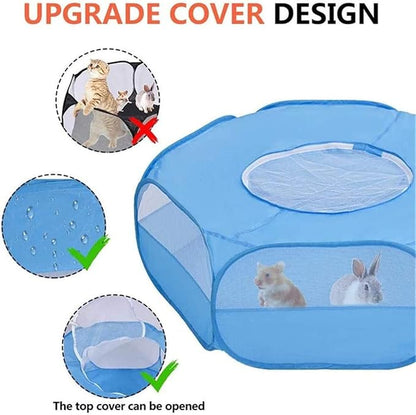 Small Animal Playpen,Portable Small Animal Cage Tent Breathable Pet Playpen Cage Tent Pop-Up Outdoor&Indoor Exercise Fence for Hamster Guinea Pig Rabbit Puppy Hedgehog (Blue with Cover)