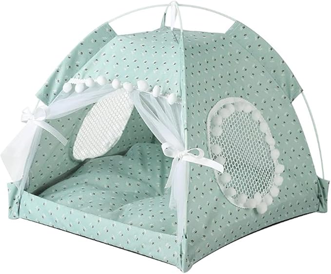 Cat Bed Tents Dog House Indoor Outdoor Lace Mesh Breathable Windows Door Curtains Removable Portable Nest Teepe House (Small,Mint&White)
