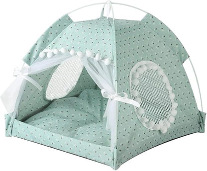Cat Bed Tents Dog House Indoor Outdoor Lace Mesh Breathable Windows Door Curtains Removable Portable Nest Teepe House (Small,Mint&White)