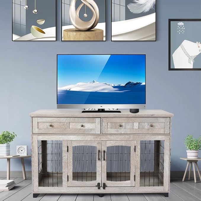 2 Rooms Dog Crate Furniture with Openable Partition,58" Wooden Dog Crate Table with 2 Drawers,5-Doors Dog Furniture,Indoor Dog Kennel,Dog House,Dog Cage,TV Stand (Grey)