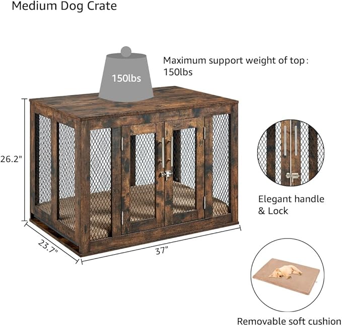 unipaws Furniture Dog Crate with Tray for Medium Dogs, Indoor Aesthetic Puppy Kennel Pet House Dog Cage with Door, Modern Decorative Wood Pretty Cute Fancy End Side Table Nightstand, Rustic