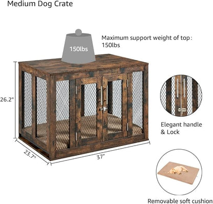 unipaws Furniture Dog Crate with Tray for Medium Dogs, Indoor Aesthetic Puppy Kennel Pet House Dog Cage with Door, Modern Decorative Wood Pretty Cute Fancy End Side Table Nightstand, Rustic