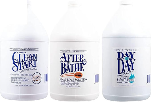 Chris Christensen Dog Shampoo & Conditioner Gallon Bundle, Clean Start Clarifying Shampoo + After U Bathe Final Rinse Solution + Day to Day Moisturizing Condiutioner, Groom Like a Proffesional