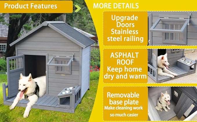 Open Waterproof Asphalt Roof Large Dogs House with Spacious Terrace,Outdoor Dog Kennel W/Small Wooden Door,Breathable Window & 2 Feeding Stainless Bowls,Fir Wood Dog Cage for Large Dogs,Gray
