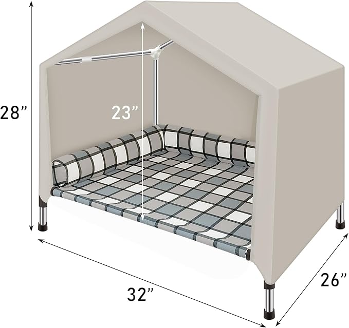 Elevated Dog Pet Bed House - Weatherproof 2-in-1 Indoor Outdoor Pet Cot with Canopy Cooling Portable Raised Dog Bed with Pillow for Camping Beach (DMHK-22)