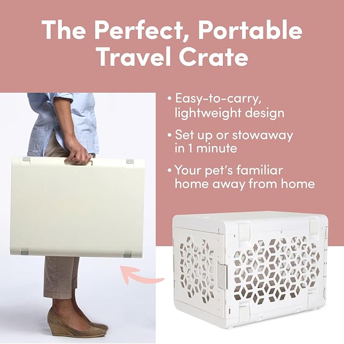 KindTail PAWD Collapsible Puppy and Dog Crate + Washable Bed - Stylish Pet Kennel with Comfortable Pad - Safe Indoor Set - Lightweight, Compact & Portable for Travel - Small White
