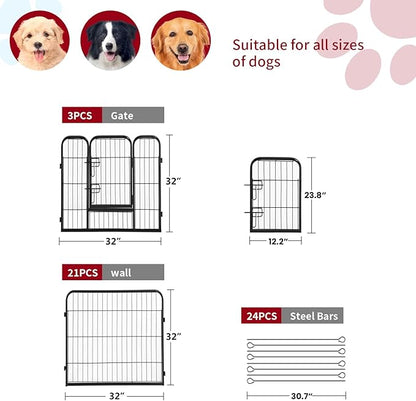 FDW Dog Playpen Dog Pen Dog Kennel 24 Panels 32 Inch Height Indoor Outdoor Folding Metal Portable Puppy Exercise Pen Heavy Duty Dog Fence for Yard Camping,Black