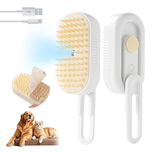 Soft 3-in-1 Silisone Spray Brush, Upgraded for Shedding, Cleaning and Spa Massage, Hair Removal, Best Water Steam Brush for indoor Long or Short Haired Cat and Dog (White, Handle)