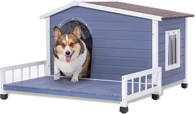 Wooden Dog House with Detachable Patio and Open Waterproof Asphalt Roof,Outdoor Dog Kennel W/Side Window,Front Door Design and PVC Door Curtain,Rainproof & Windproof Dog Cage for Pets,Gray