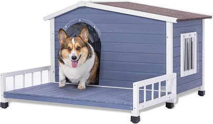 Wooden Dog House with Detachable Patio and Open Waterproof Asphalt Roof,Outdoor Dog Kennel W/Side Window,Front Door Design and PVC Door Curtain,Rainproof & Windproof Dog Cage for Pets,Gray