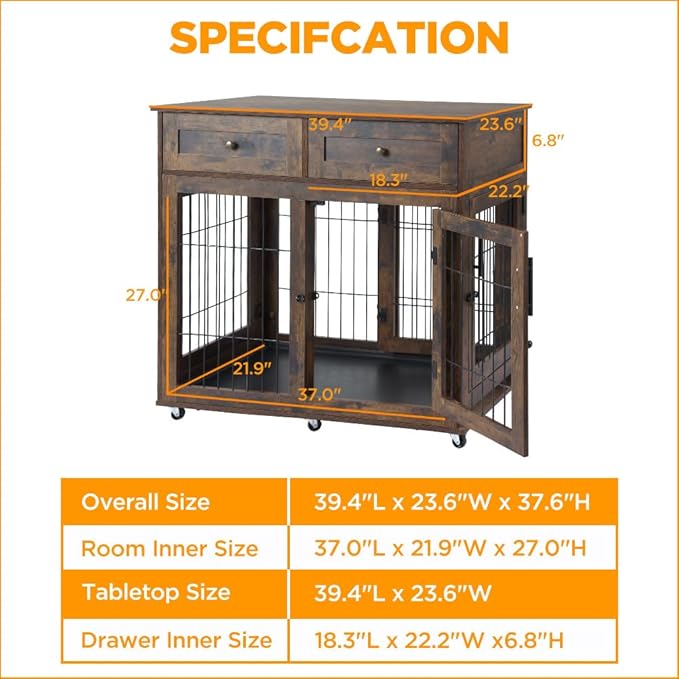 Dog Crate Furniture with Storage,39.4" Large Wooden Dog Kennel Crate End Table with Divider,Dog Cage Dog House Indoor (Rustic Brown)