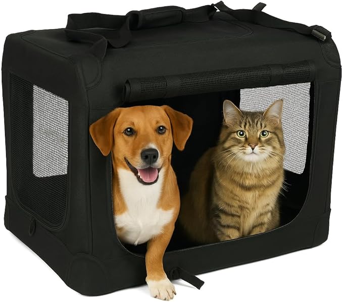 3-Door Collapsible Dog Crates for Medium Dogs, Cats, Rabbit, Foldable Soft Kennel Indoor & Outdoor with Steel Tube Frames, Portable Pet Playpen Career with Reinforced Mesh, 27x20x20 inches, Black