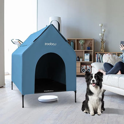 36" Large Dog House, Dog House for Large Dog Indoor or Outside, Weatherproof 600D PVC Dog House Outdoor, Featuring Breathable 2x1 Textilene Elevated Dog Bed, Easy Clean(Blue)