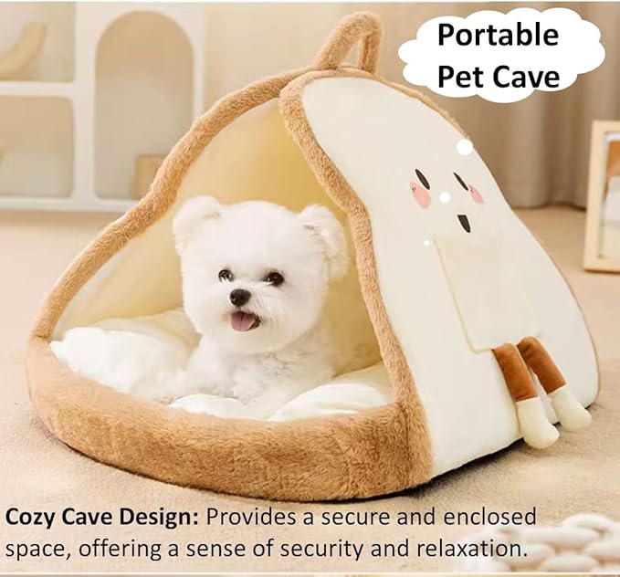 Portable Pet Cave for Puppy Kitten Cute Toast Design for Small Pets Cosy Cuddler (M:up to 5.5lbs)