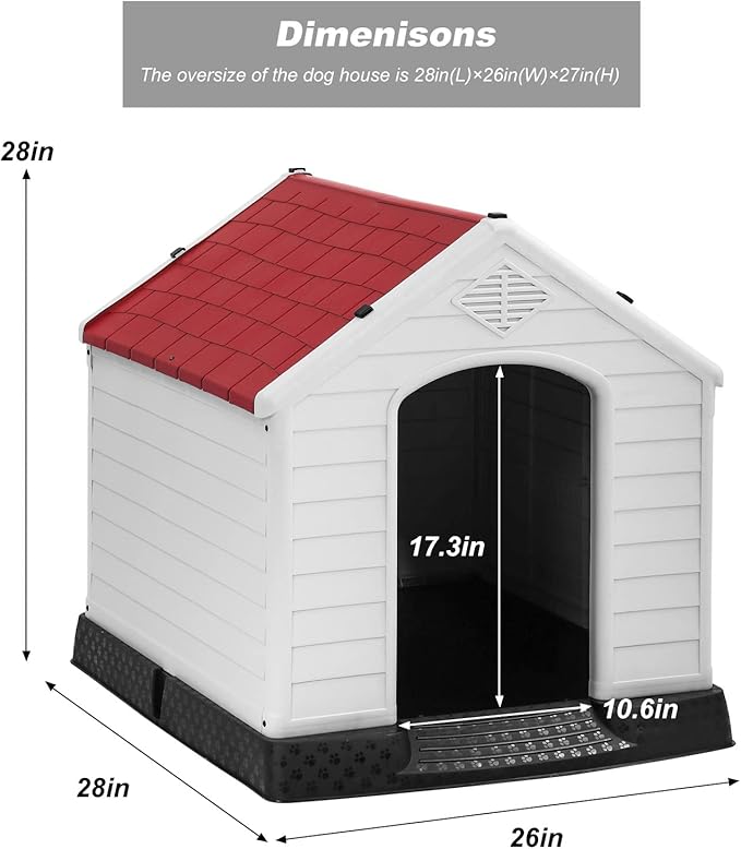 FDW Dog House Indoor Outdoor Durable Ventilate Waterproof Pet Plastic Dog House for Small Medium Large Dogs Insulated Puppy Shelter Kennel Crate with Air Vents and Elevated Floor