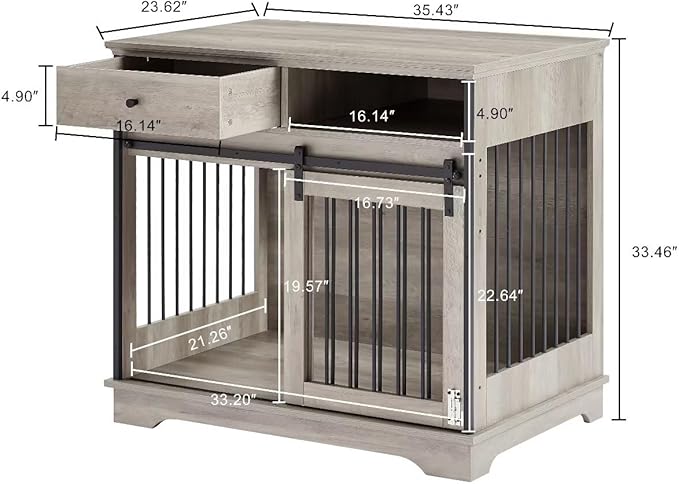 Dog Crate Wooden Furniture Dog Crate with Drawers Furniture Style Dog Cage with Side Door for Medium and Large Dogs,35.43" x 23.62" x 33.46",Grey