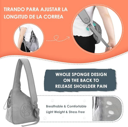 Lukovee Dog Slings for Small Dogs, Hard Bottom Support & Adjustable Soft Padded Shoudler Strap Dog Sling Carrier, Dog Purse with Button Closure & Zipper Pockets (for Pets 6-12 lbs, Grey)