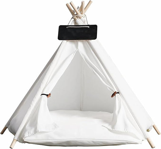 Dog and Cat Teepee Bed - Portable Pet Tent for Small Dogs and Indoor Cats, Removable & Washable With Cozy Cushion, Bunny Outdoor House (White, L)