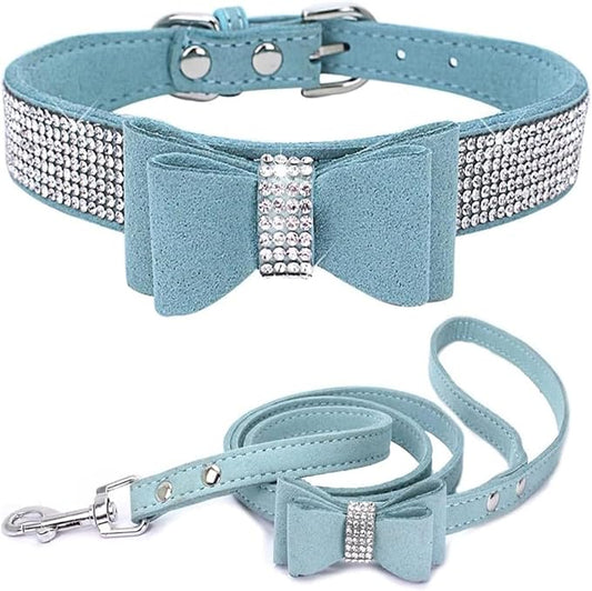 Rhinestone Bowtie Small Dog Collar and Leash Set, Diamond Puppy Collars Bow Crystal Bling Jeweled Glitter Girl Female Adjustable for XXSmall X-Small Small Medium Large Dogs (Light Blue-1,Large)