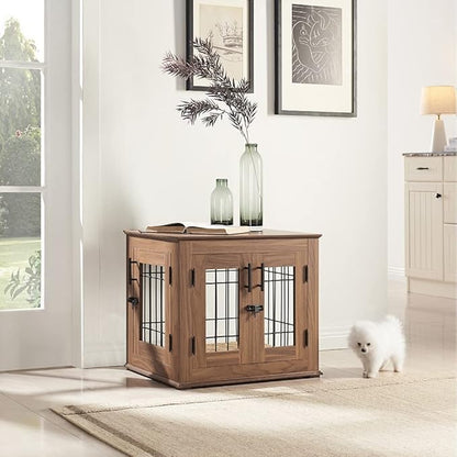 beeNbkks Furniture Style Dog Crate End Table, Double Doors Wooden Wire Dog Kennel with Pet Bed, Decorative Pet Crate Dog House Indoor Medium Large