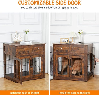 Dog Crate Furniture with Storage Drawers,39.4" Wooden Dog Crate Table with 2 Drawers,Indoor Dog Kennel with Cushion,Dog House,Dog Cage,Side End Table Crate,Rustic brown