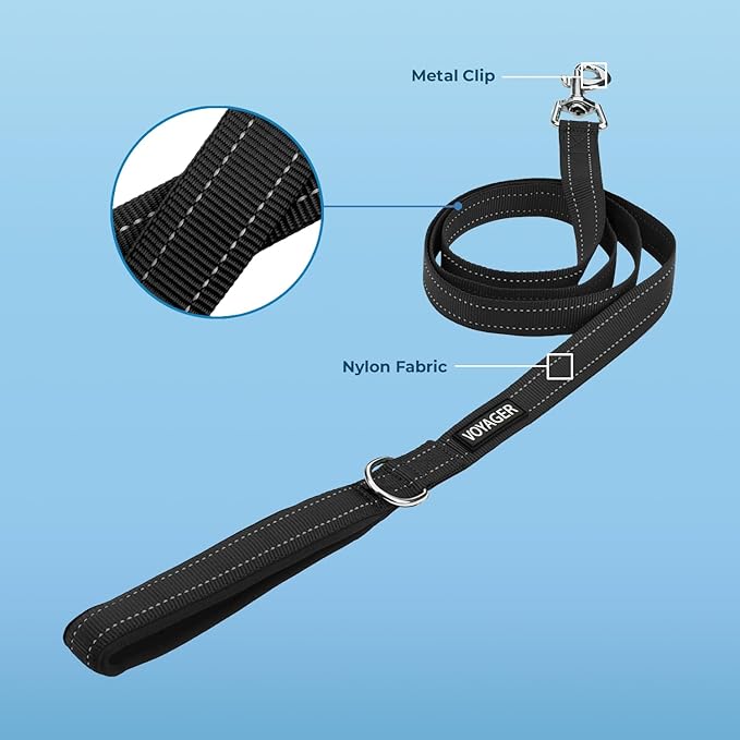 Voyager Reflective Dog Leash with Neoprene Handle, 5ft Long, Supports Small, Medium, and Large Breed Puppies, Cute and Heavy Duty for Walking, Running, and Training - Black (Leash), S