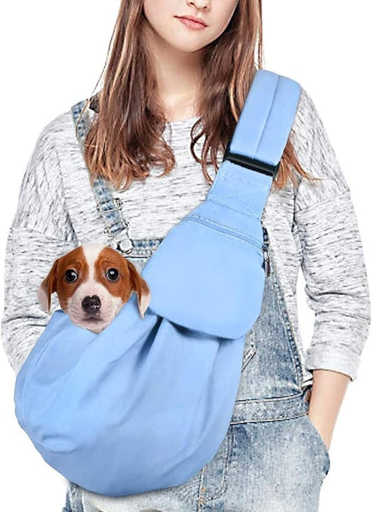 Lukovee Pet Sling, Hand Free Dog Sling Carrier Adjustable Padded Strap Tote Bag Breathable Cotton Shoulder Bag Front Pocket Safety Belt Carrying Small Dog Cat Puppy Machine Washable (Light Bule, M)