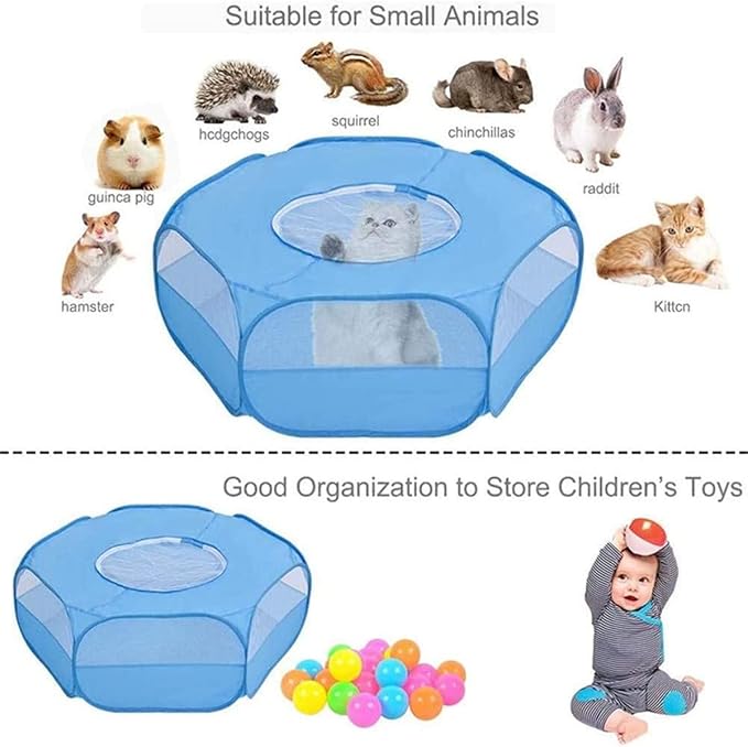 Small Animal Playpen,Portable Small Animal Cage Tent Breathable Pet Playpen Cage Tent Pop-Up Outdoor&Indoor Exercise Fence for Hamster Guinea Pig Rabbit Puppy Hedgehog (Blue with Cover)